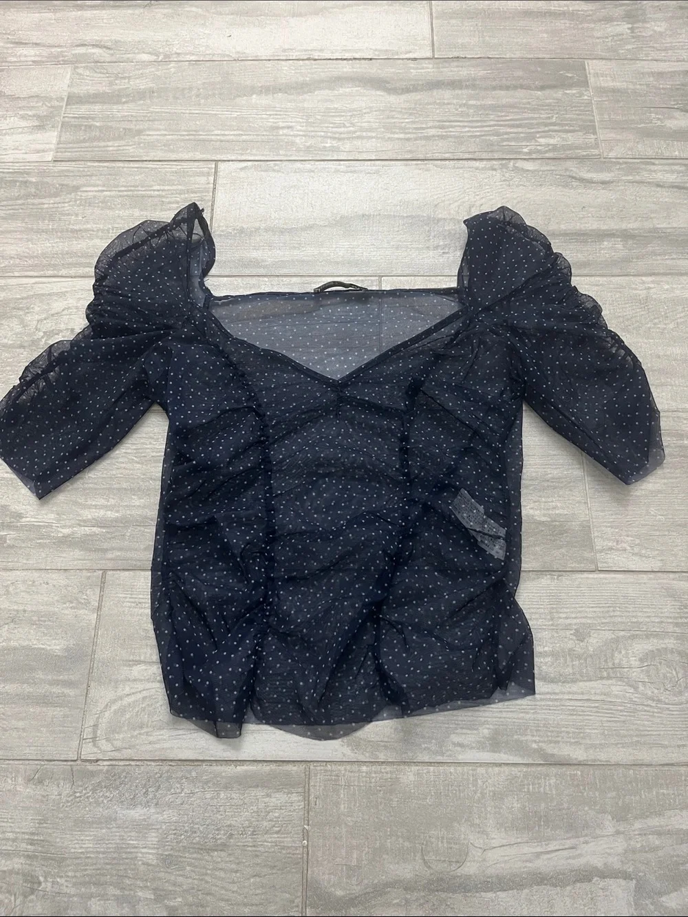 Zara Navy Sheer Puff-Sleeve Polka Dot Blouse